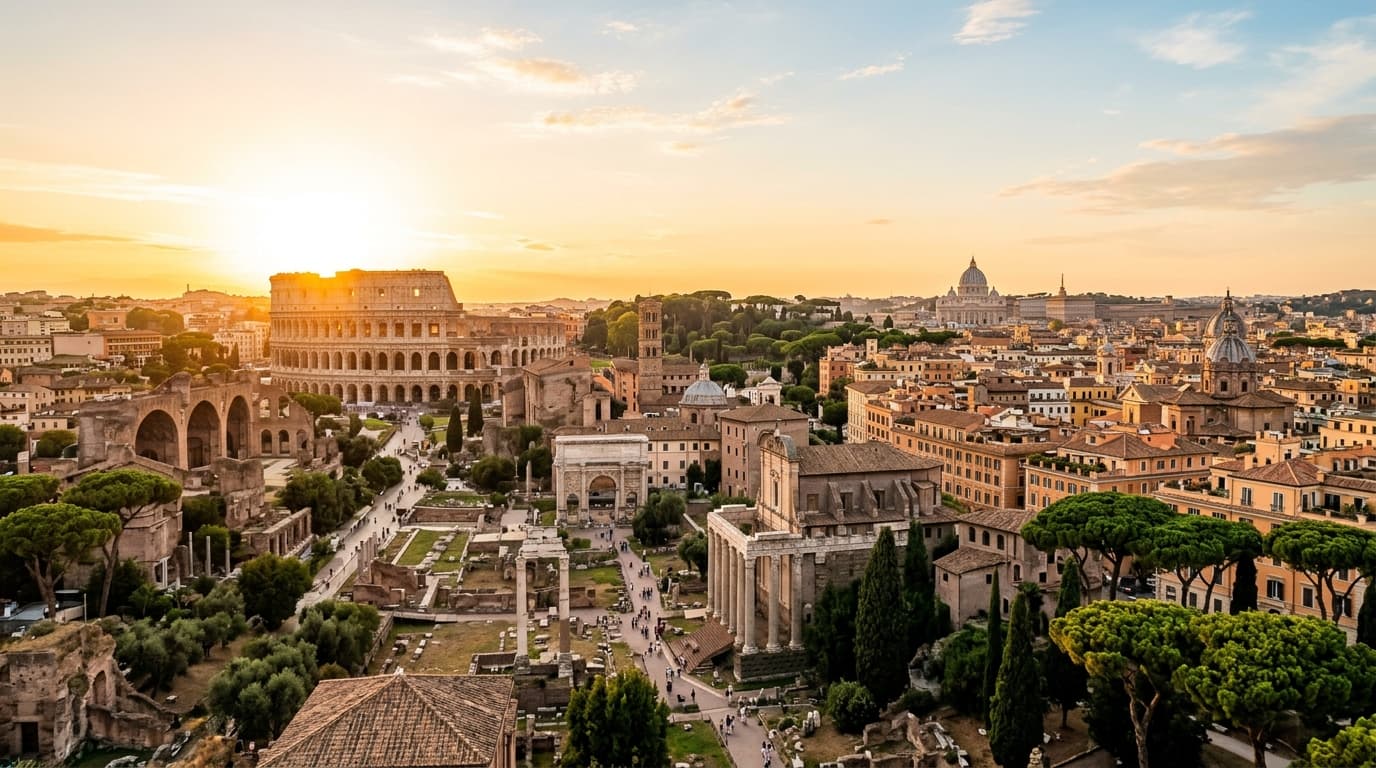 Cinematic Rome cityscape and architectural panorama