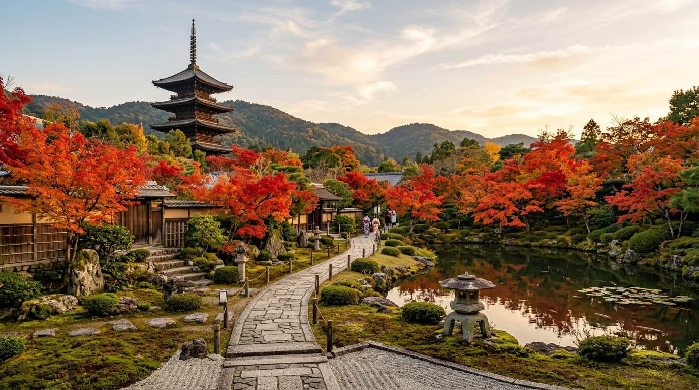 Kyoto Japan serene temple pagoda and zen garden