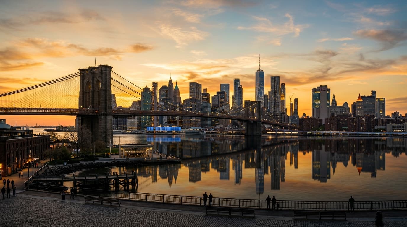 New York City skyline and Brooklyn Bridge at golden sunset