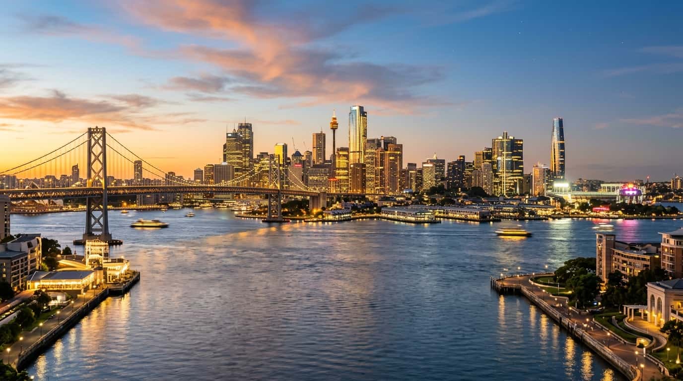 Illuminated modern city skyline and waterfront suspension bridge at golden sunset